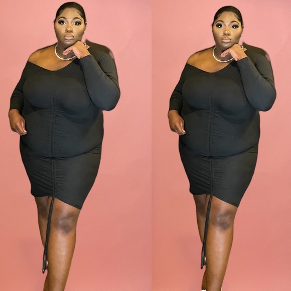 J. ELISE BOUTIQUE NEW TRENDY PLUS SIZE BLACK RUCHED LONG SLEEVE MIDI DRESS - Picture 2 of 4